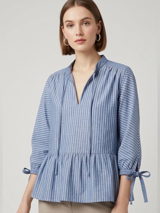 J.W. Anderson Tops - J.W. Anderson Blue and White Striped Peplum Tie-Sleeve Blouse S